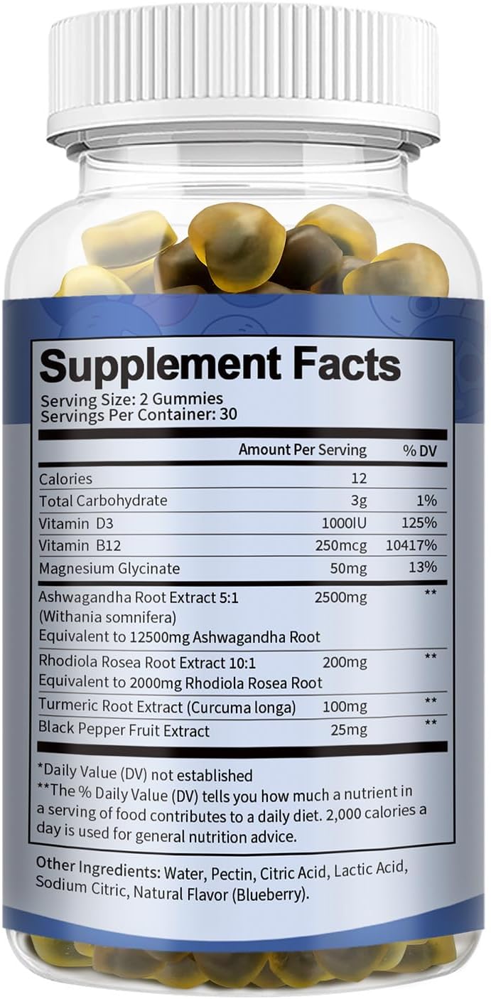 Ashwagandha Gummies 2500mg for Men & Women with Ashwa Root, Magnesium Glycinate, Rhodiola Rosea - 60 Count Pack