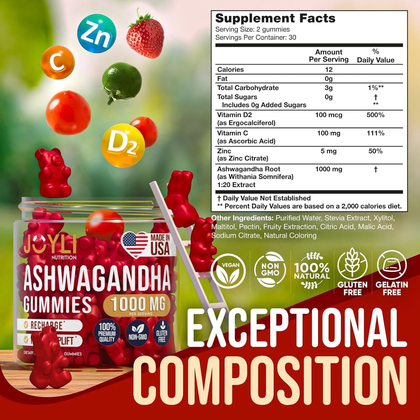 Ashwagandha Gummies for Sleep & Stress Balance - Natural Calm Supplement with Vitamin C and Zinc - 60 Vegan Sugar Free Chews for Women & Men