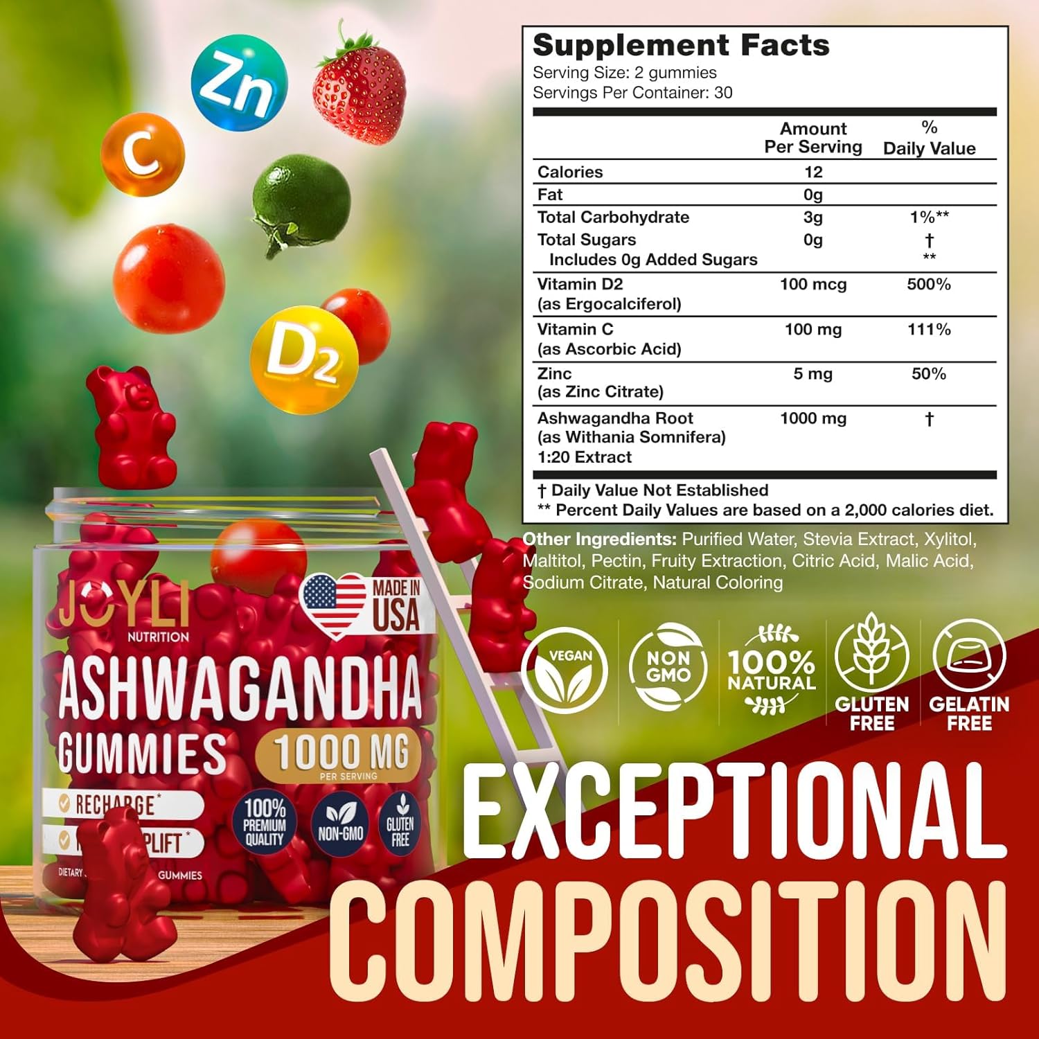 Ashwagandha Gummies for Sleep & Stress Balance - Natural Calm Supplement with Vitamin C and Zinc - 60 Vegan Sugar Free Chews for Women & Men