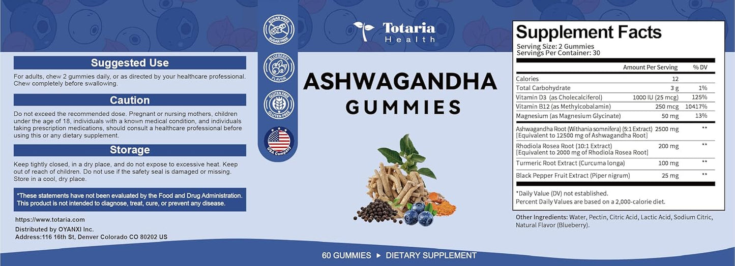 Ashwagandha Gummies with Magnesium Glycinate and Rhodiola Rosea for Women and Men - Totaria Supplement