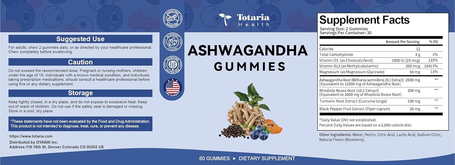 Ashwagandha Gummies with Magnesium Glycinate and Rhodiola Rosea for Women and Men - Totaria Supplement