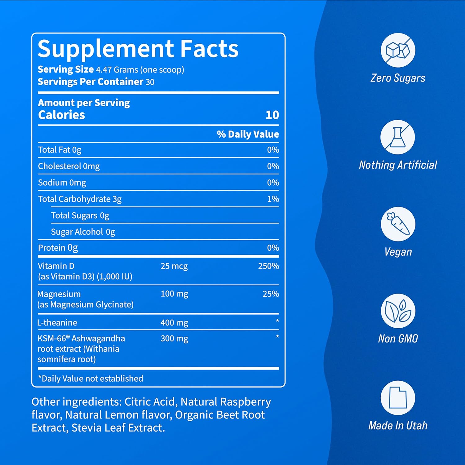 Ashwagandha KSM 66, Magnesium Glycinate, L-Theanine Drink Mix - Vitamin D3 Supplement for Focus & Support - 30 Servings