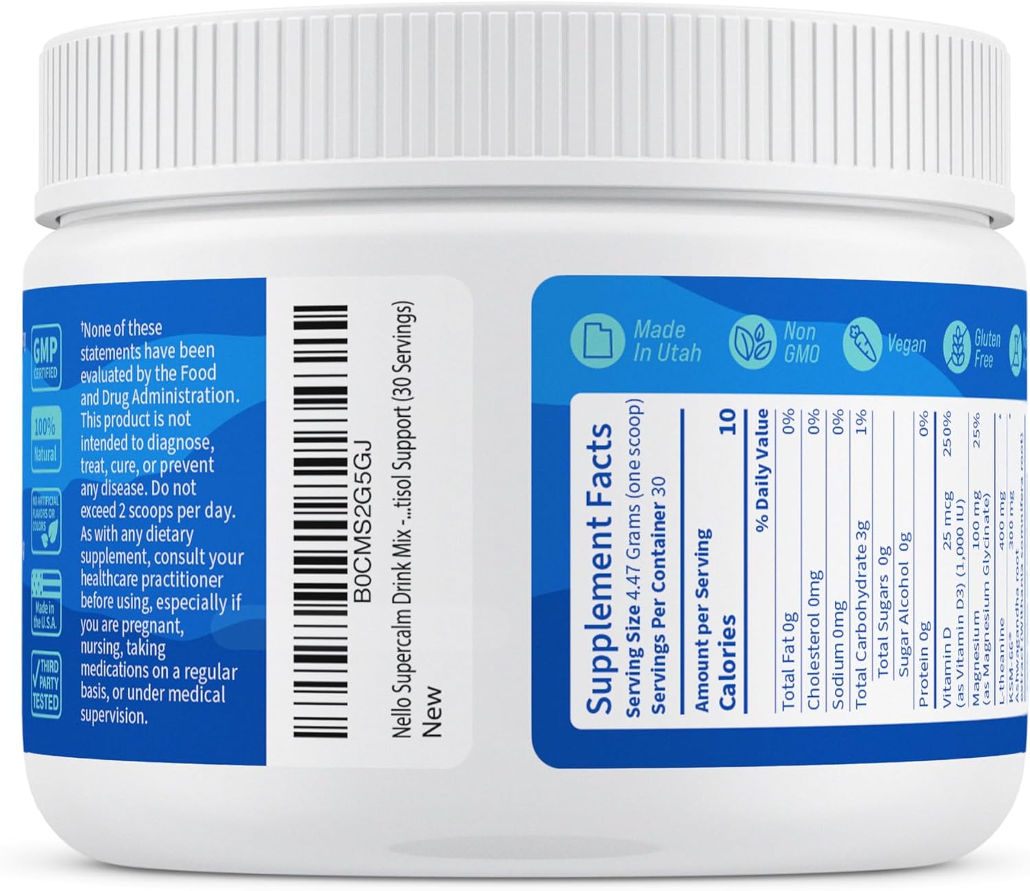 Ashwagandha KSM 66, Magnesium Glycinate, L-Theanine Drink Mix - Vitamin D3 Supplement for Focus & Support - 30 Servings