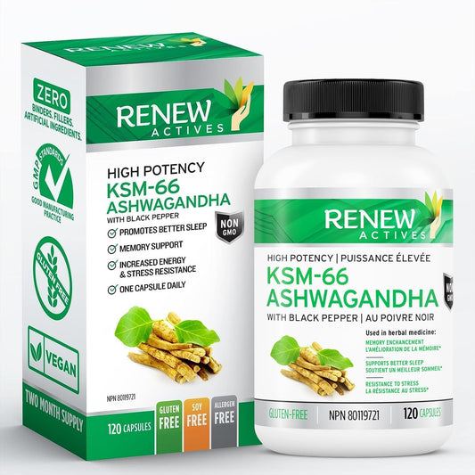 Ashwagandha KSM 66 Supplement with Black Pepper for Focus, Mood, Energy & Sleep - 120 Capsules