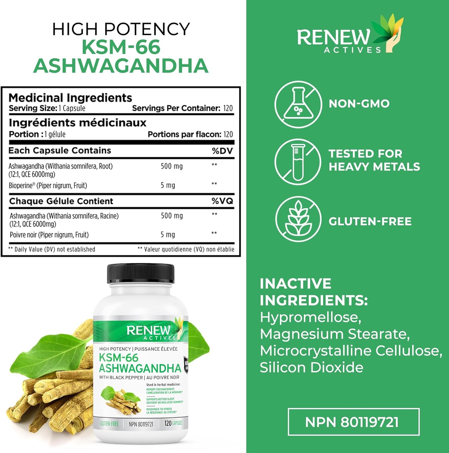 Ashwagandha KSM 66 Supplement with Black Pepper for Focus, Mood, Energy & Sleep - 120 Capsules