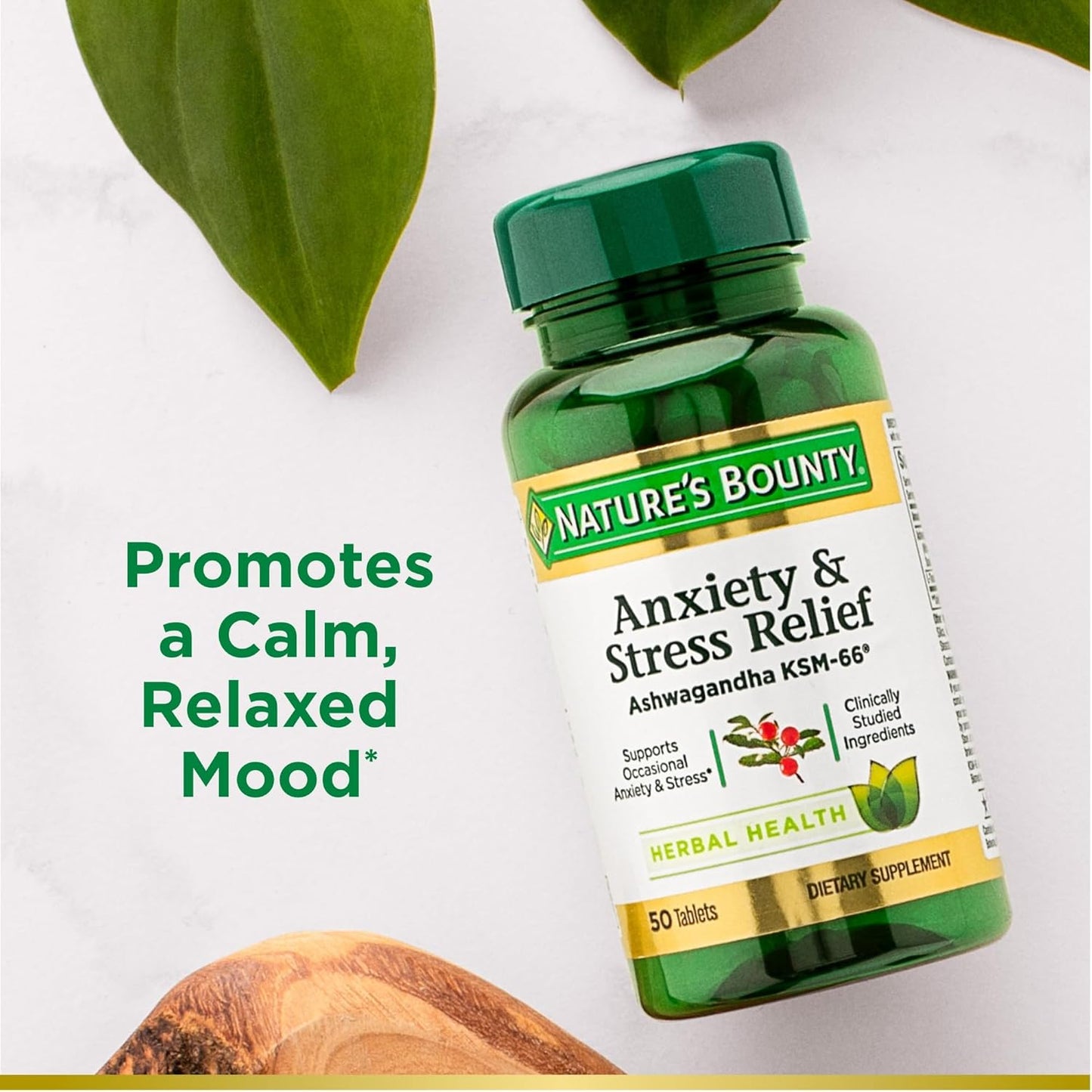 Ashwagandha KSM-66 Tablets for Anxiety & Stress Relief - 50 Count, Natural Mood Support by Nature's Bounty