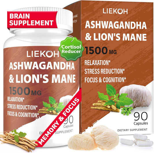 Ashwagandha & Lions Mane Memory Focus Supplement Capsules, Stress Reducer with Rhodiola & Black Pepper, Mushroom Supplement, 90 Caps