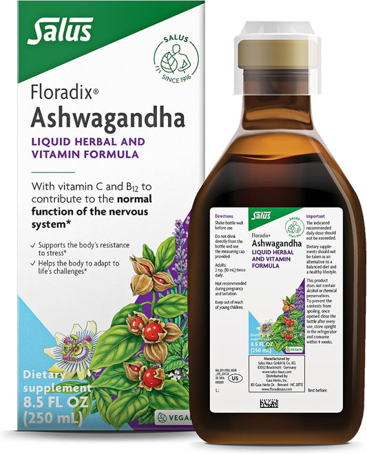 Ashwagandha Liquid Herbal Supplement with Vitamin C & B12 - Stress Support Formula - Vegan & Non-GMO - 8.5 fl oz
