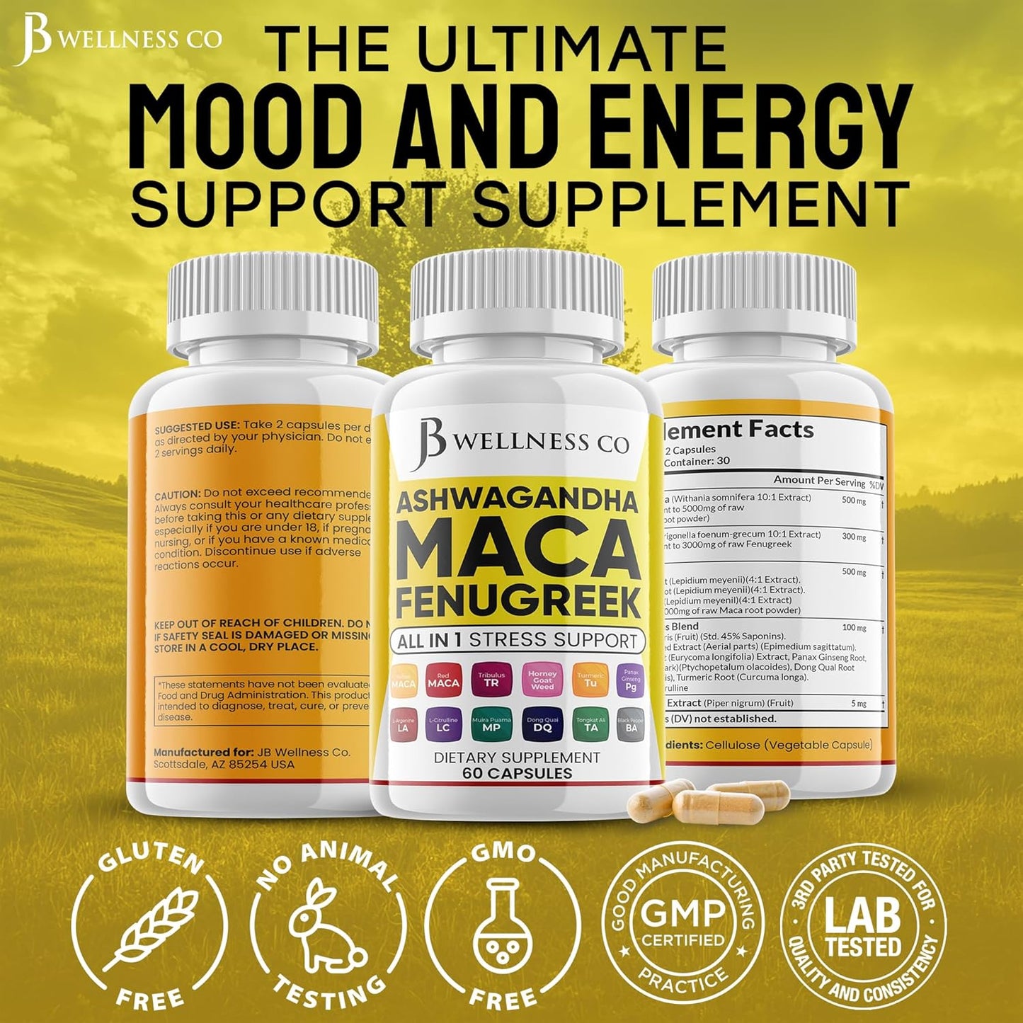 Ashwagandha Maca Root Fenugreek Supplement for Mood & Thyroid Health - 120 Count - Made in USA by JB WELLNESS CO
