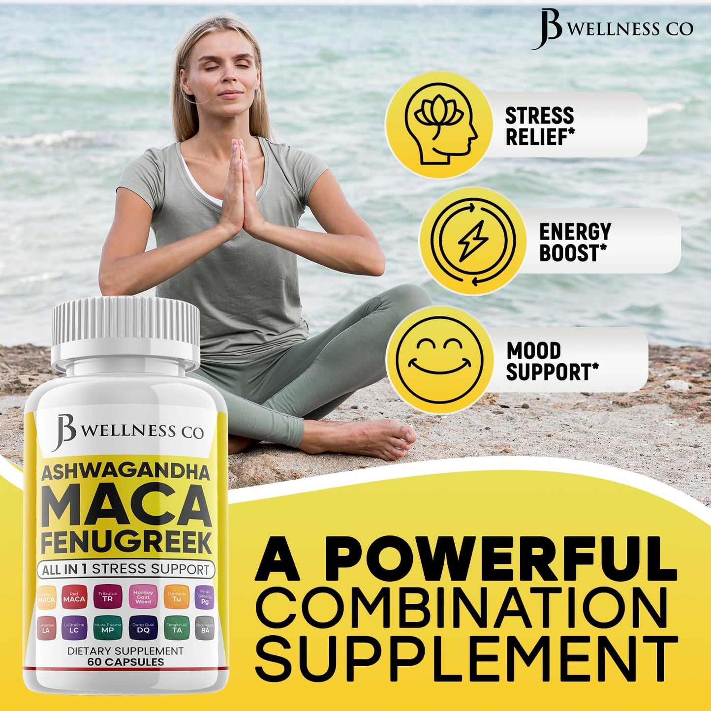Ashwagandha Maca Root Fenugreek Supplement for Mood & Thyroid Health - 120 Count - Made in USA by JB WELLNESS CO