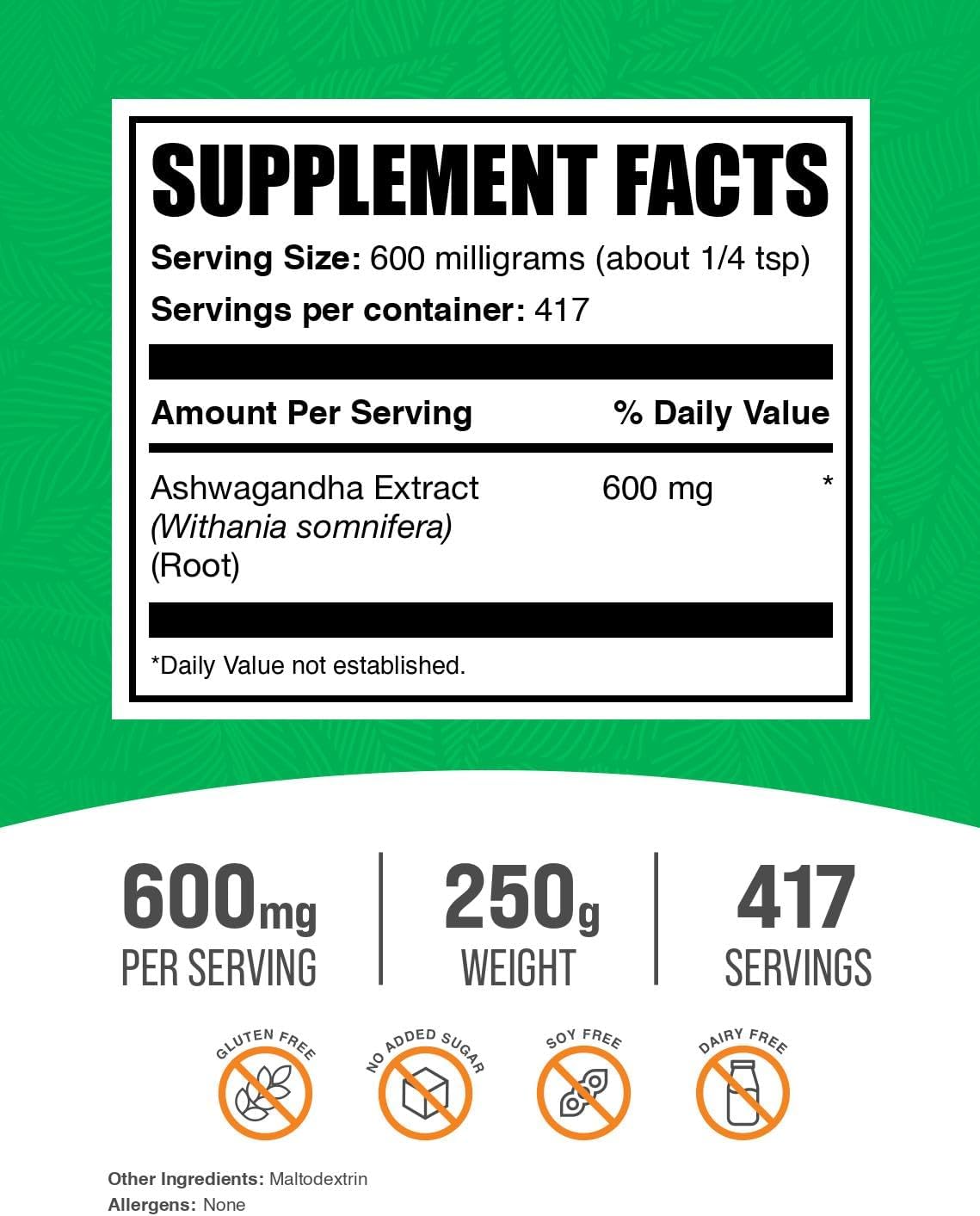 Ashwagandha Root Extract Powder - Vegan Gluten Free Supplement - 600mg per Serving - 250g (8.8 oz) Pack