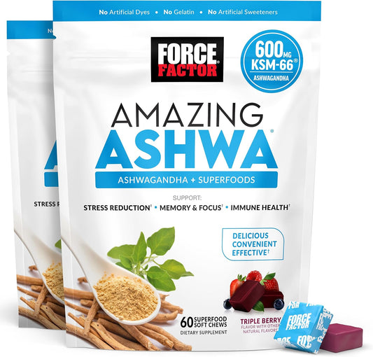 Ashwagandha Supplement for Stress, Memory, Focus, and Immune Support - 120 Soft Chews with KSM-66 Ashwagandha
