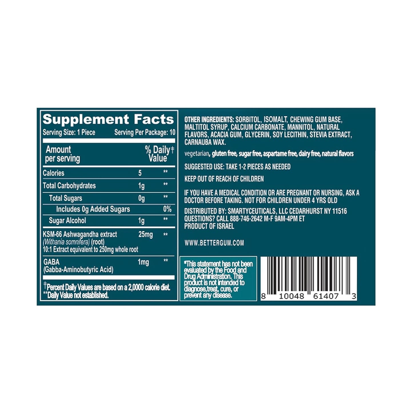 AshwaGum Relax Gum by BetterGum - High Potency Stress Relief Supplement with Ashwagandha and Gaba - Sugar-Free Alternative to Gummies - 60 Pieces in Total