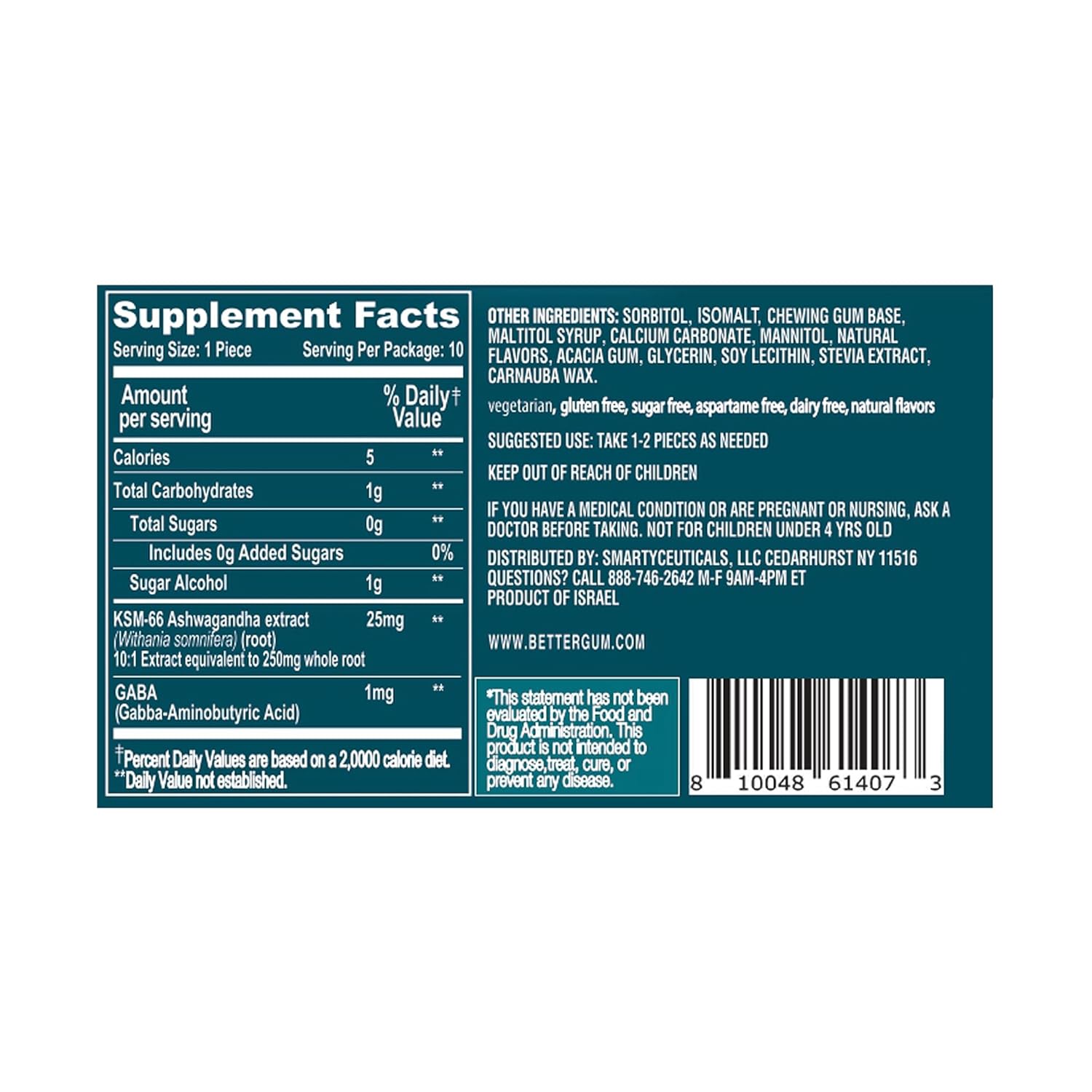 AshwaGum Relax Gum by BetterGum - High Potency Stress Relief Supplement with Ashwagandha and Gaba - Sugar-Free Alternative to Gummies - 60 Pieces in Total