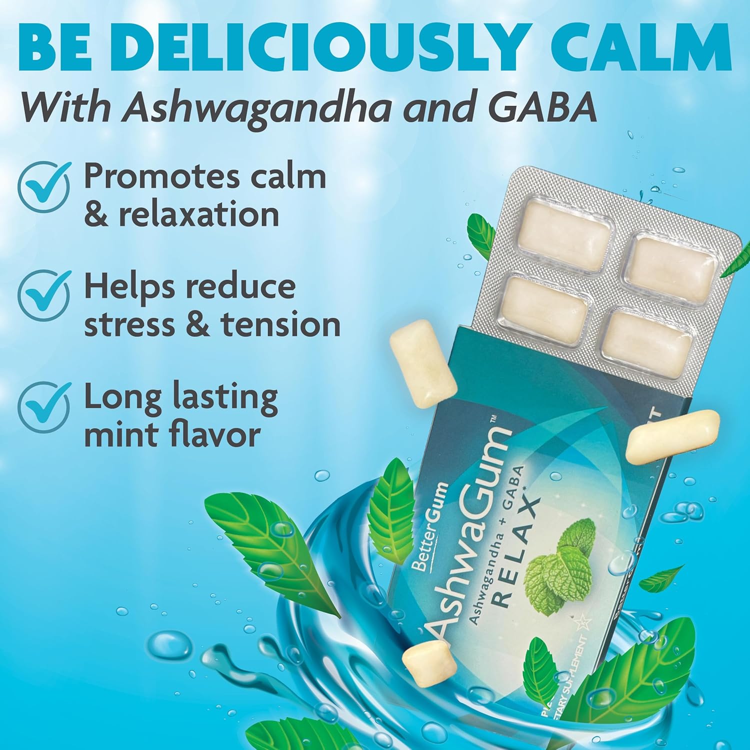 AshwaGum Relax Gum by BetterGum - High Potency Stress Relief Supplement with Ashwagandha and Gaba - Sugar-Free Alternative to Gummies - 60 Pieces in Total