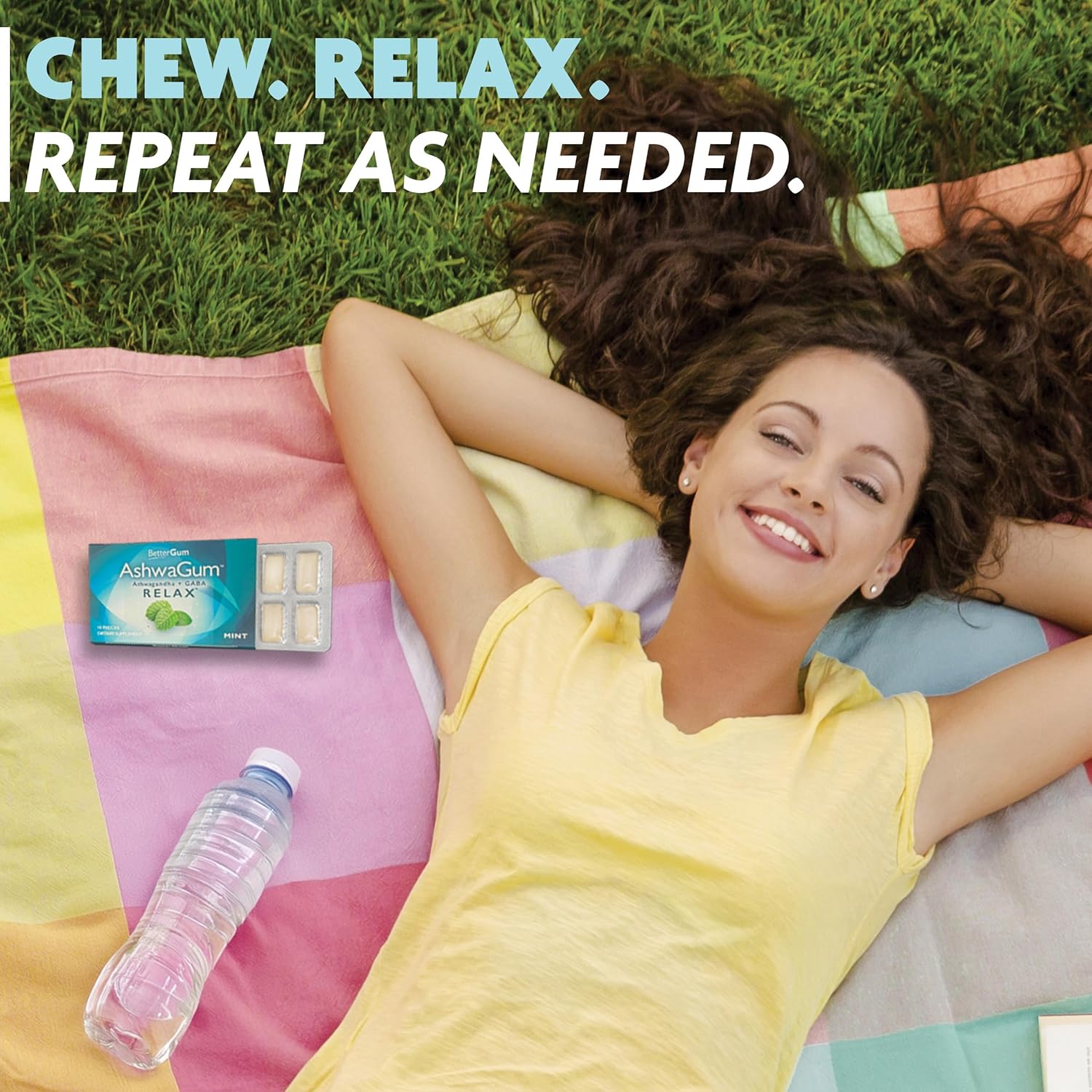 AshwaGum Relax Gum by BetterGum - High Potency Stress Relief Supplement with Ashwagandha and Gaba - Sugar-Free Alternative to Gummies - 60 Pieces in Total