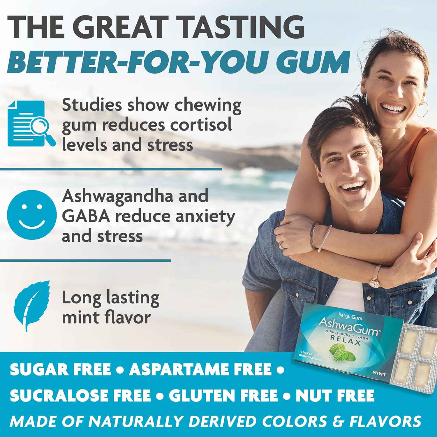 AshwaGum Relax Gum by BetterGum - High Potency Stress Relief Supplement with Ashwagandha and Gaba - Sugar-Free Alternative to Gummies - 60 Pieces in Total