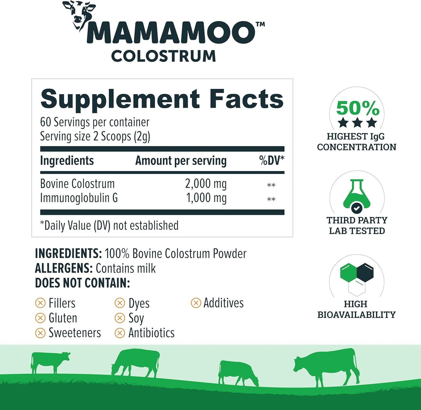 Asiya Life MamaMoo™ Incas Colostrum Powder - High IgG Content, Grass Fed, Non GMO, Gut Health, Immunity Support, Skin & Hair Benefits, 400+ Nutrients, Third Party Tested (Unflavored)