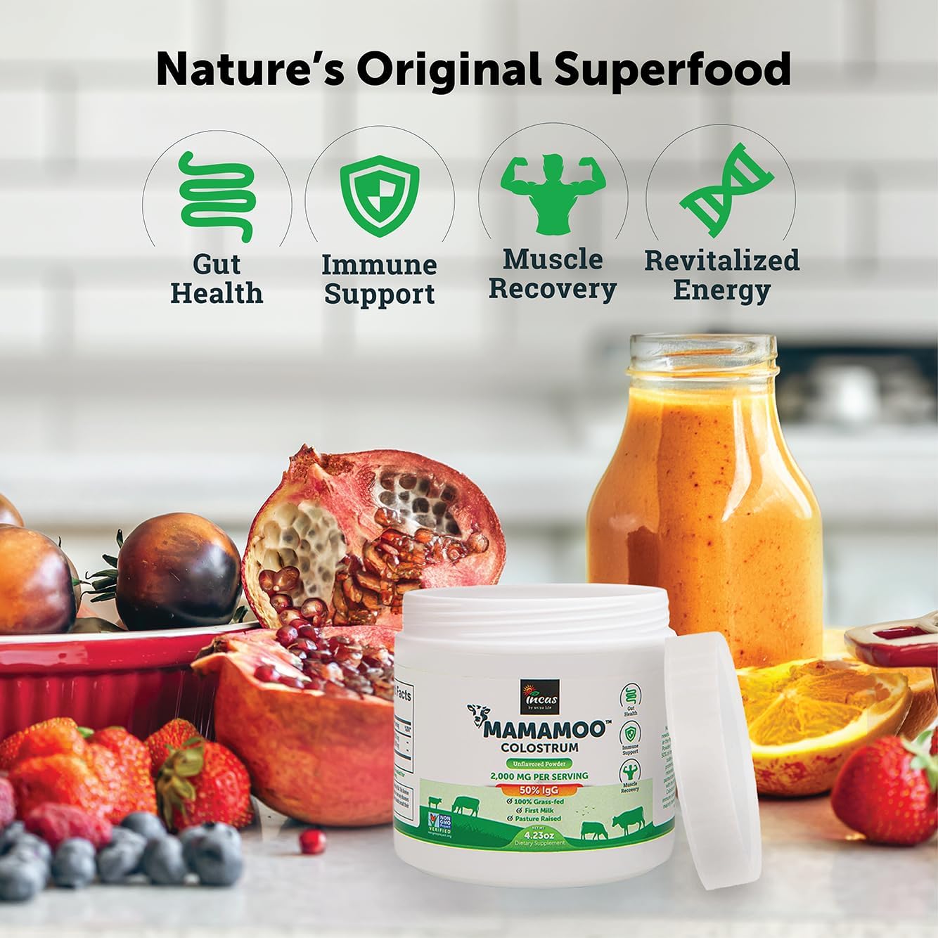 Asiya Life MamaMoo™ Incas Colostrum Powder - High IgG Content, Grass Fed, Non GMO, Gut Health, Immunity Support, Skin & Hair Benefits, 400+ Nutrients, Third Party Tested (Unflavored)
