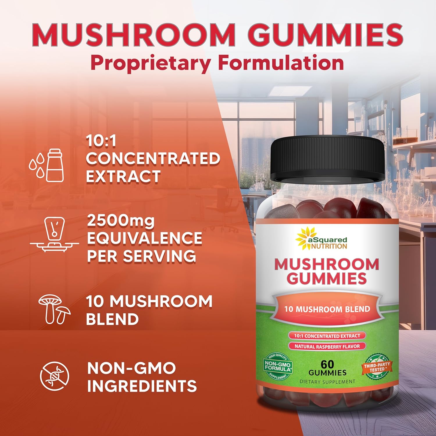 aSquared Nutrition Mushroom Gummies - 10x Complex Supplement for Energy, Focus, and Immune Support - Lions Mane, Turkey Tail, Reishi, Cordyceps, Chaga - Men & Women - Convenient Alternative to Powder, Capsules, and Pills