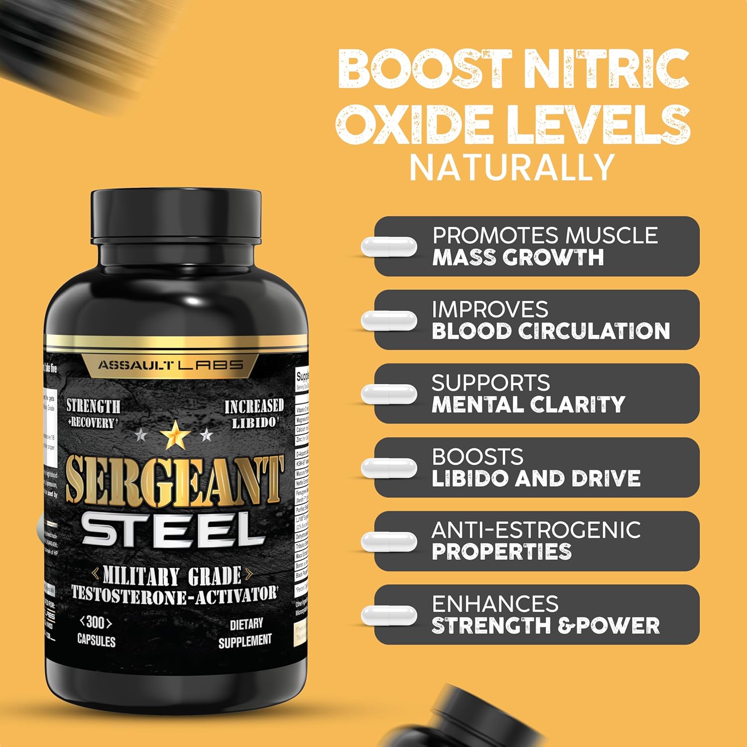 Assault Labs Sergeant Steel: Muscle Growth, Energy, Calm, and Immune Support Blend - 300 Capsules, 2 Months Supply