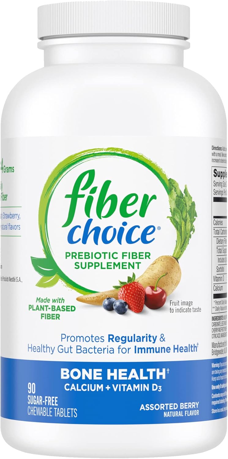 Assorted Berry Fiber Choice Chewable Tablets for Bone Health - 90 Count with Calcium & Vitamin D