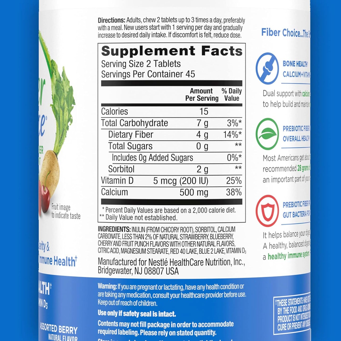 Assorted Berry Fiber Choice Chewable Tablets for Bone Health - 90 Count with Calcium & Vitamin D