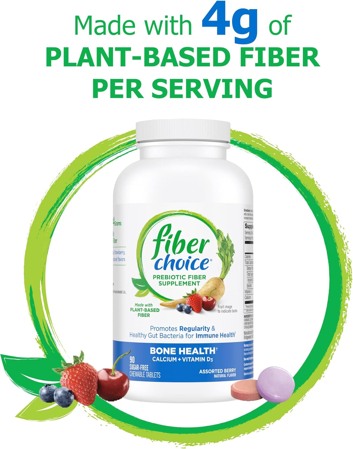 Assorted Berry Fiber Choice Chewable Tablets for Bone Health - 90 Count with Calcium & Vitamin D