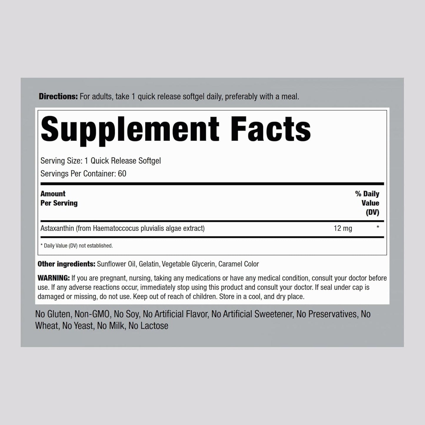 Astaxanthin 12mg Extract Supplement Softgels | 60 Quick Release Capsules | Gluten Free, Non-GMO by Piping Rock