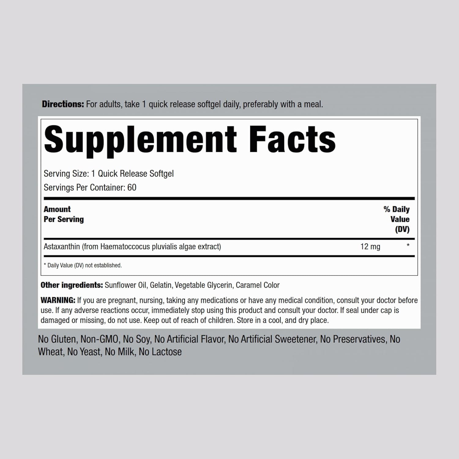 Astaxanthin 12mg Extract Supplement Softgels | 60 Quick Release Capsules | Gluten Free, Non-GMO by Piping Rock