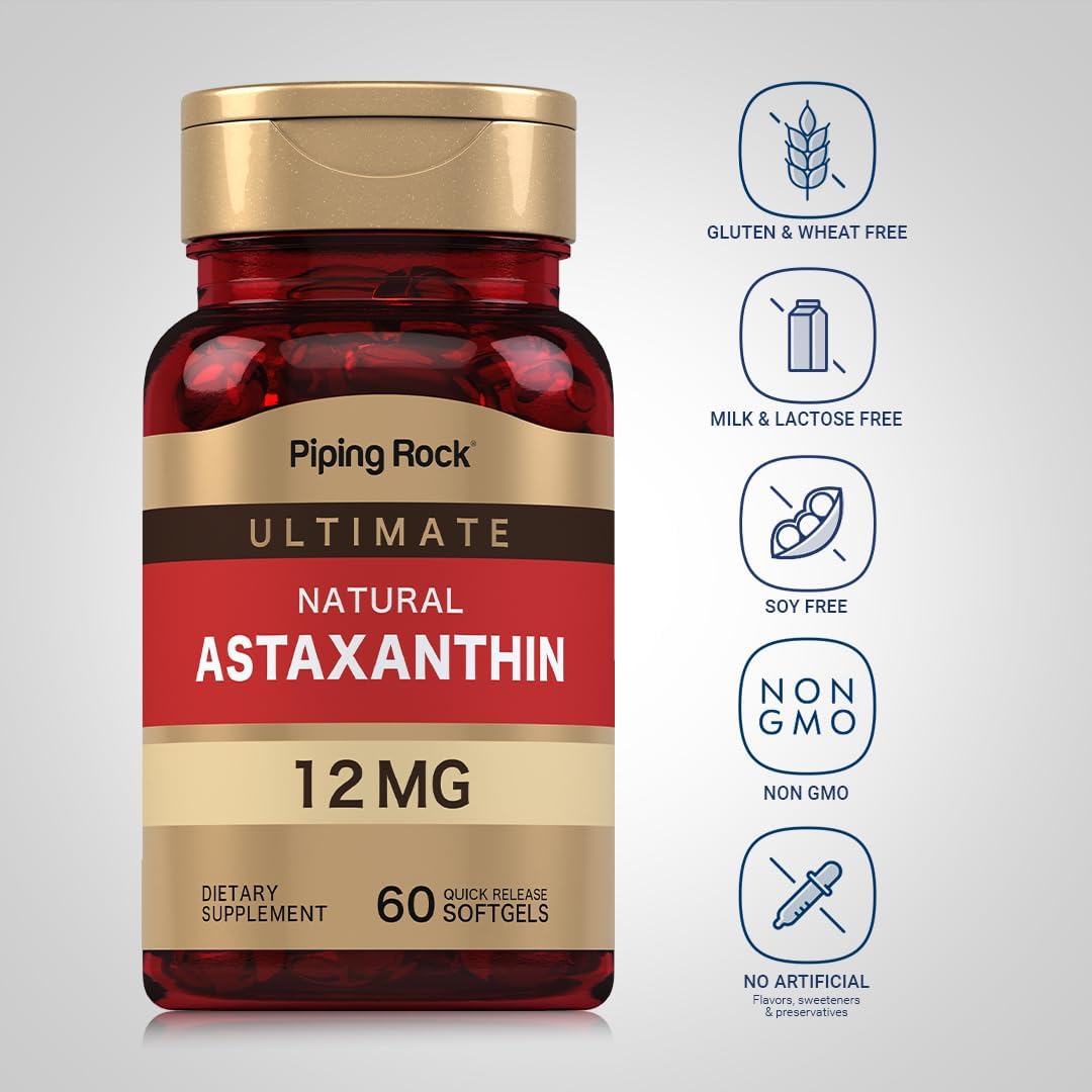 Astaxanthin 12mg Extract Supplement Softgels | 60 Quick Release Capsules | Gluten Free, Non-GMO by Piping Rock