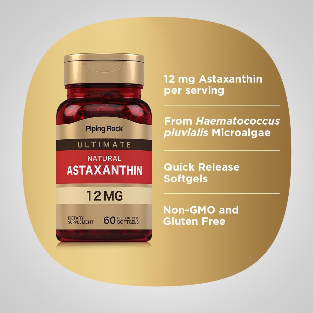 Astaxanthin 12mg Extract Supplement Softgels | 60 Quick Release Capsules | Gluten Free, Non-GMO by Piping Rock