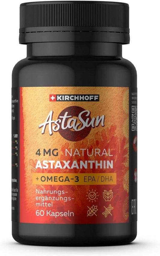 Astaxanthin AstaSun Capsules for Skin, Eyes, Joints - 60ct Swiss Premium Omega 3 Supplement