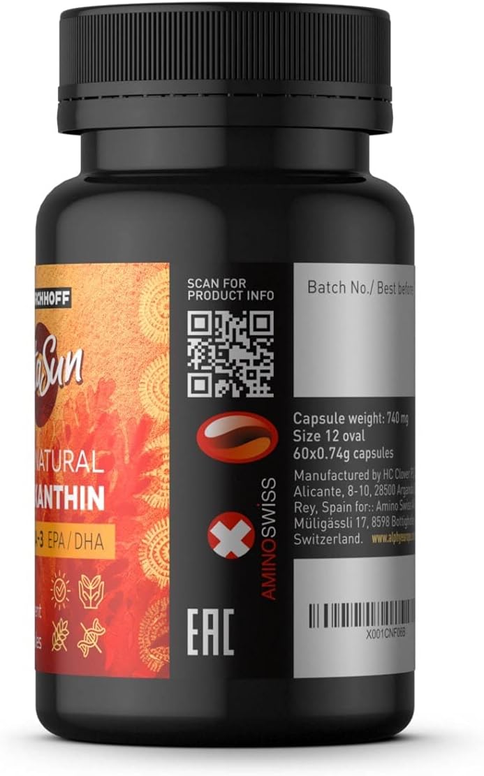 Astaxanthin AstaSun Capsules for Skin, Eyes, Joints - 60ct Swiss Premium Omega 3 Supplement