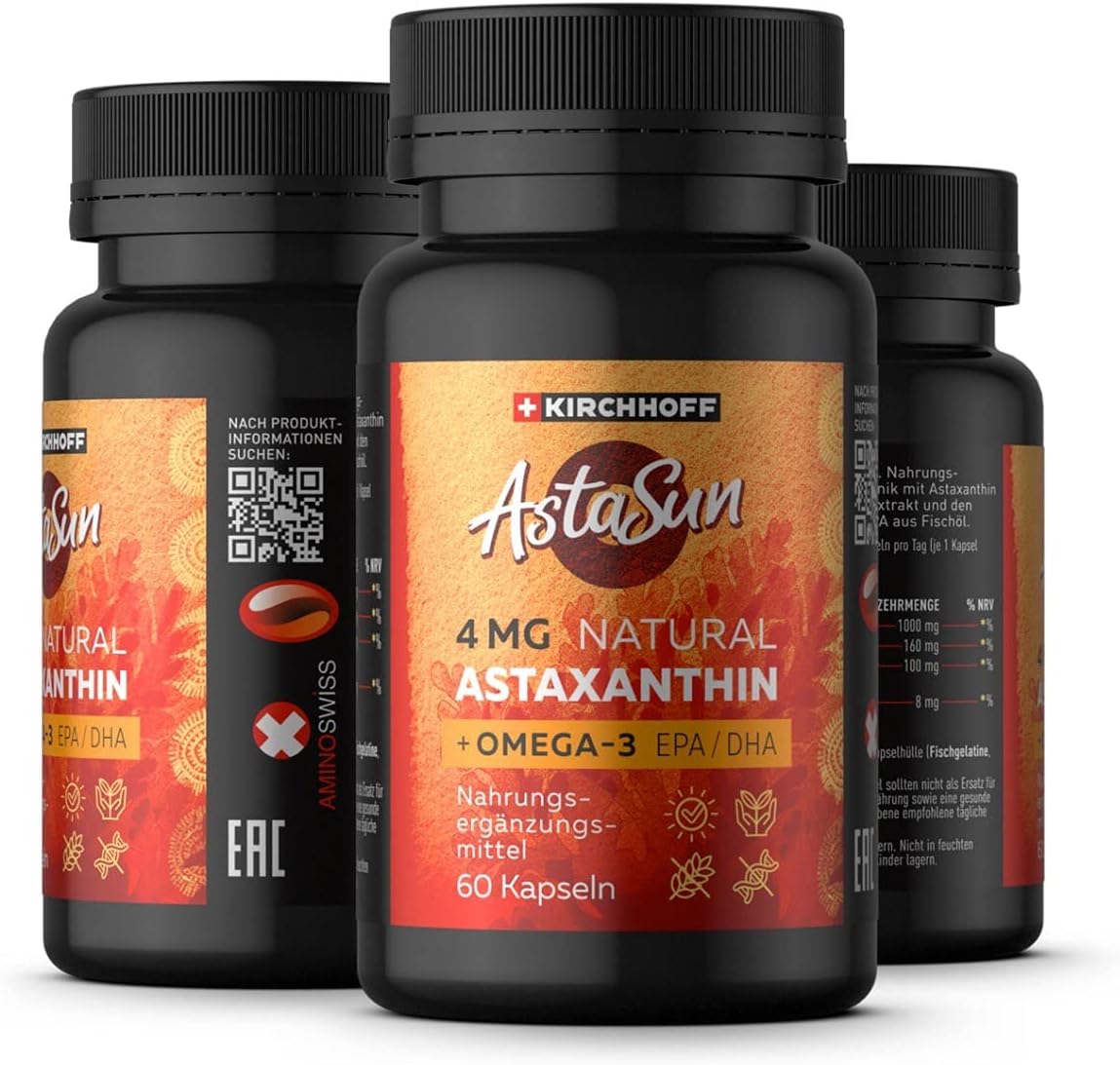 Astaxanthin AstaSun Capsules for Skin, Eyes, Joints - 60ct Swiss Premium Omega 3 Supplement