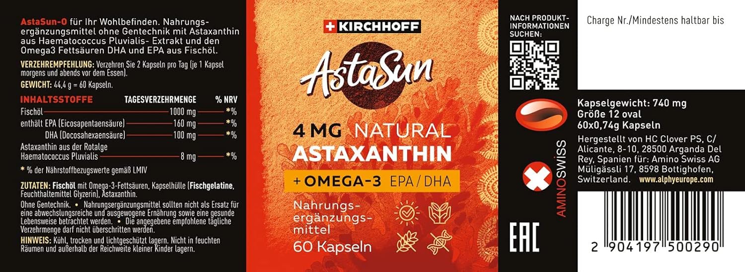 Astaxanthin AstaSun Capsules for Skin, Eyes, Joints - 60ct Swiss Premium Omega 3 Supplement