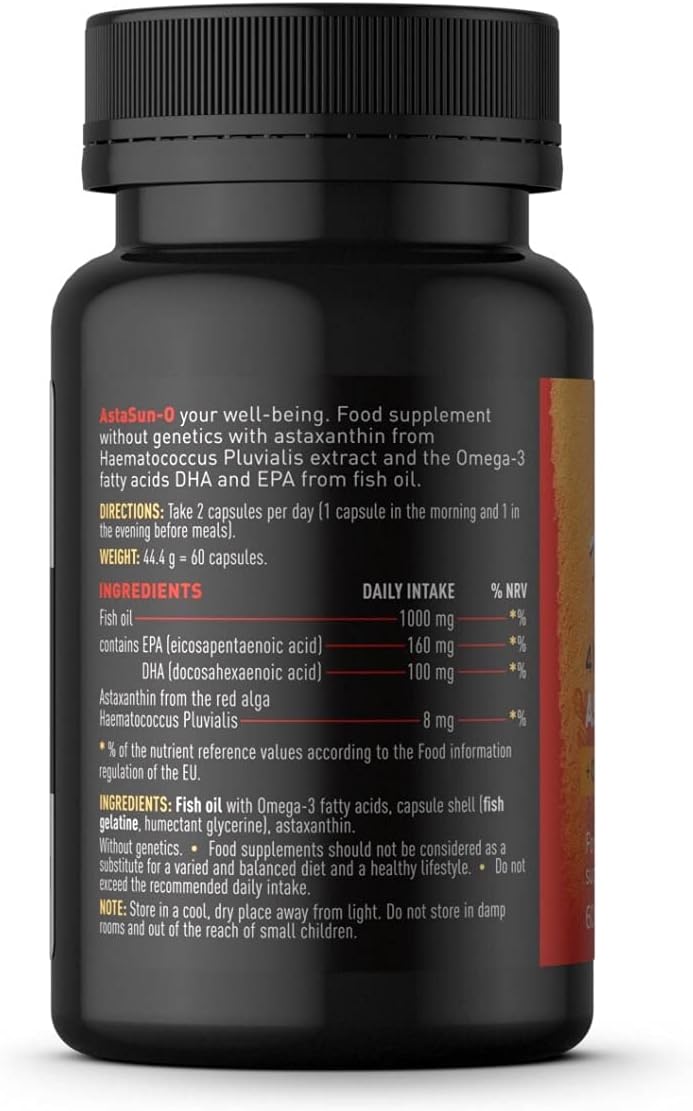 Astaxanthin AstaSun Capsules for Skin, Eyes, Joints - 60ct Swiss Premium Omega 3 Supplement