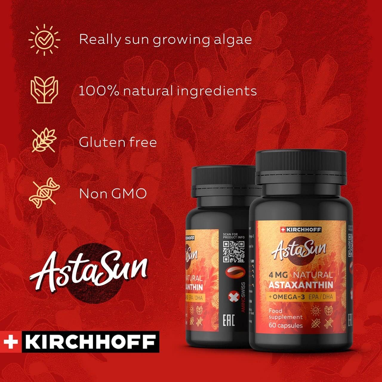 Astaxanthin AstaSun Capsules for Skin, Eyes, Joints - 60ct Swiss Premium Omega 3 Supplement