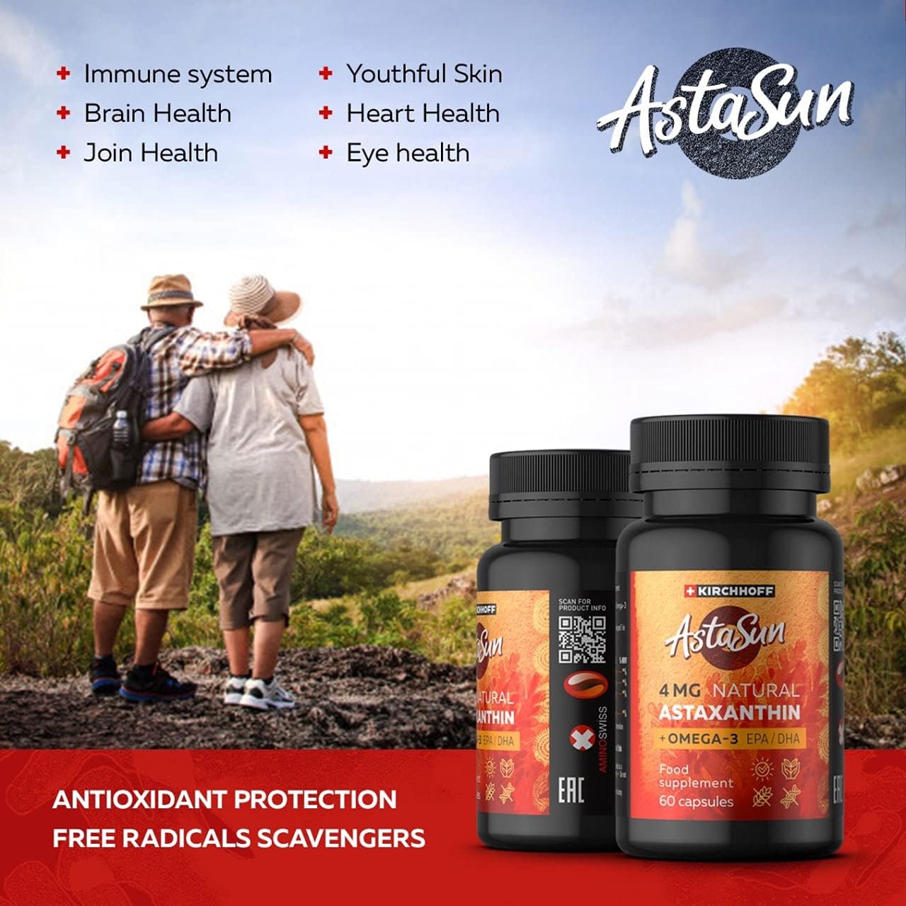 Astaxanthin AstaSun Capsules for Skin, Eyes, Joints - 60ct Swiss Premium Omega 3 Supplement
