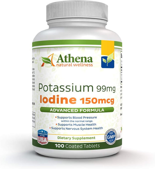Athena Natural Wellness Potassium 99mg and Iodine 150mcg Supplement for Overall Health