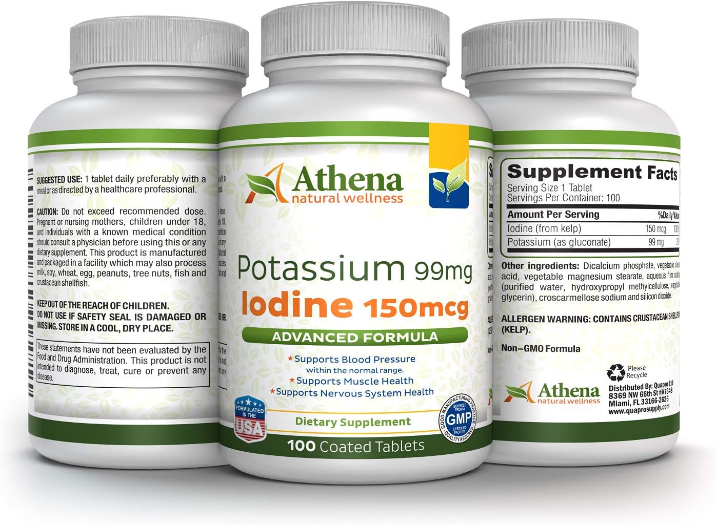 Athena Natural Wellness Potassium 99mg and Iodine 150mcg Supplement for Overall Health