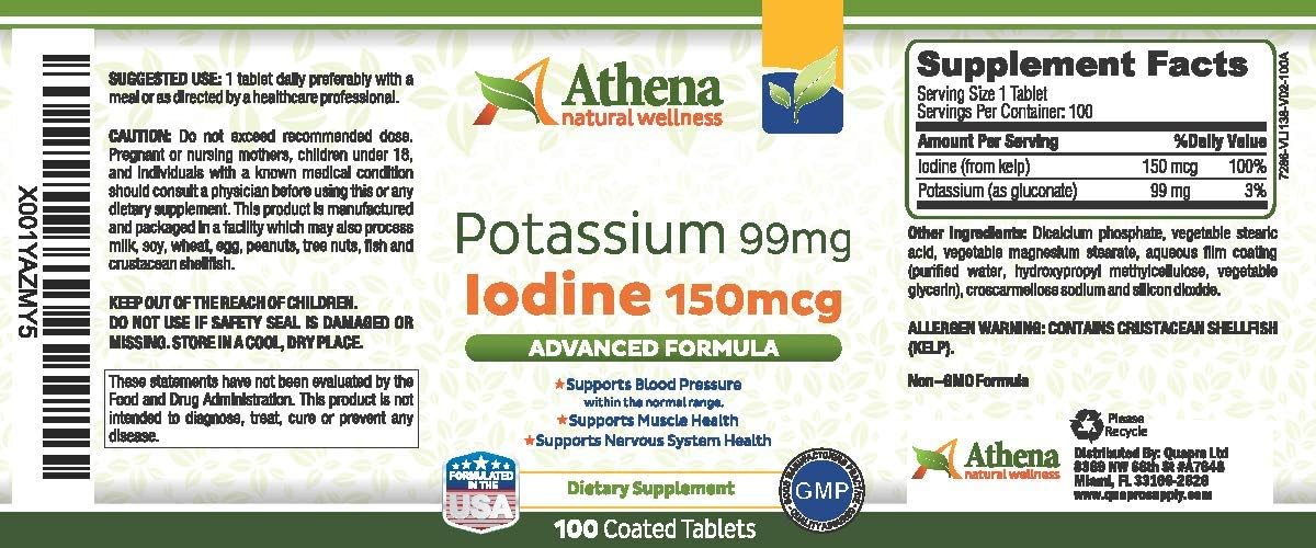 Athena Natural Wellness Potassium 99mg and Iodine 150mcg Supplement for Overall Health
