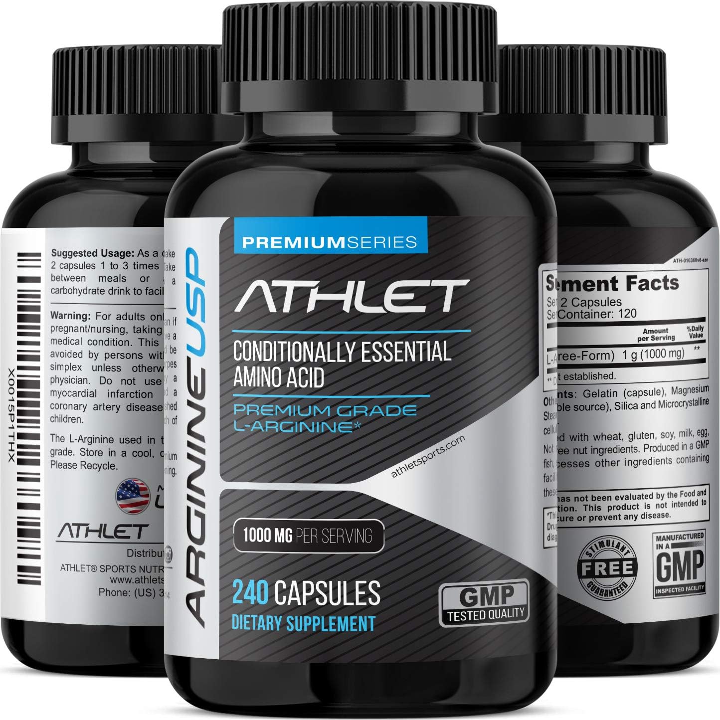 Athlet L-Arginine Supplement 1000mg - Promotes Nitric Oxide Levels, Blood Flow, Energy & Endurance - 240 Capsules for Men and Women