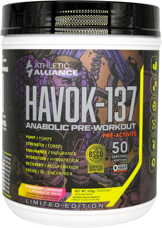 Athletic Alliance HAVOK-137 Pre Workout: Strawberry Lemonade Flavor, 50 Servings, 590g