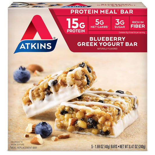 Atkins Blueberry Greek Yogurt Protein Meal Bar - High Fiber, 15g Protein, 3g Sugar, 5g Net Carbs - Keto Friendly Meal Replacement, 5 Bars