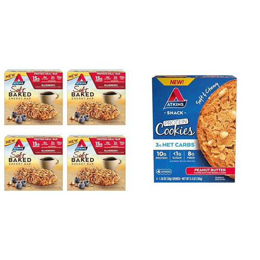Atkins Blueberry Soft Baked Energy Bars with 15g Protein and Peanut Butter Protein Cookie - High Protein, Low Sugar & Fiber-Rich Snacks