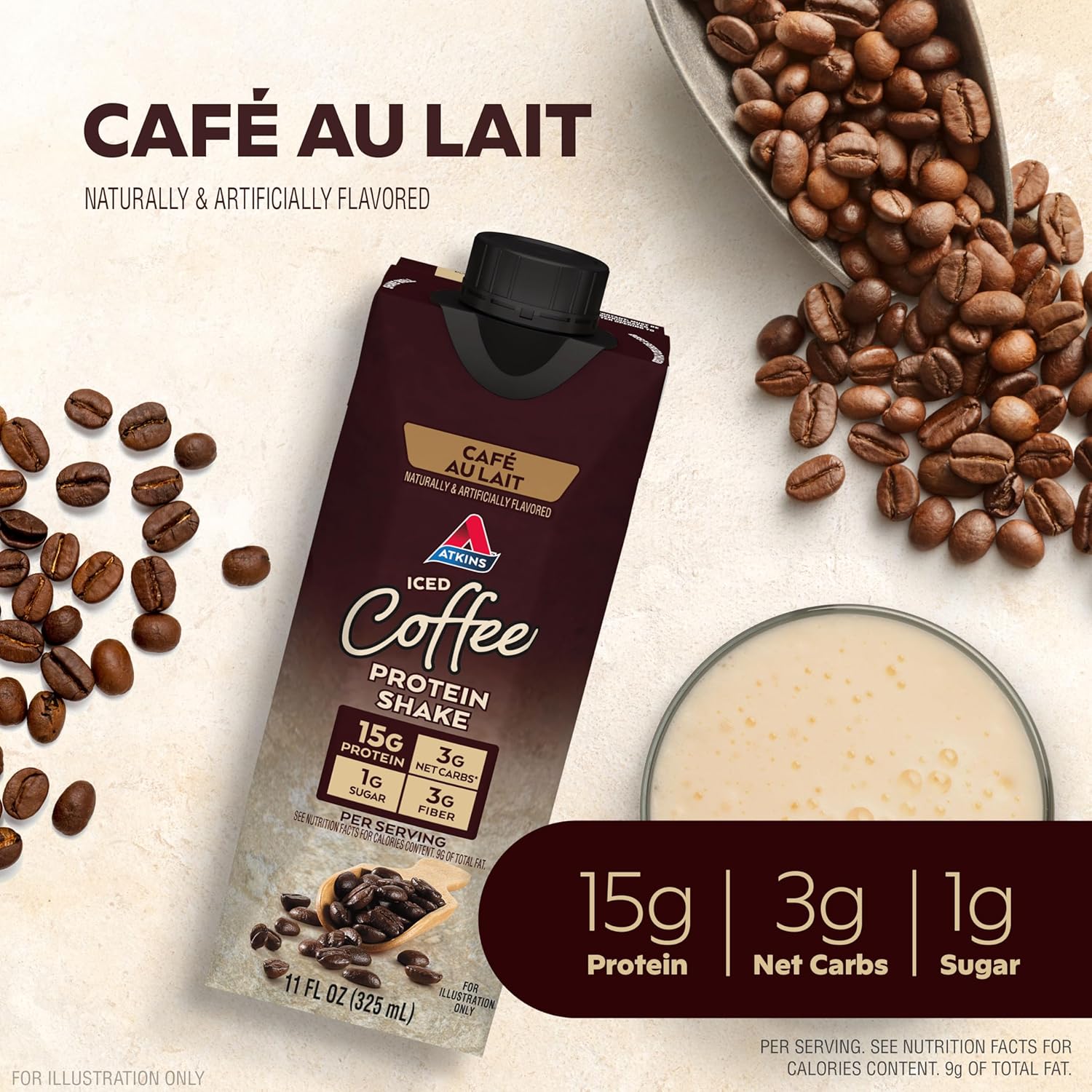 Atkins Café au Lait Iced Coffee Protein Shake - 15g Protein, Keto Friendly - 12 Count