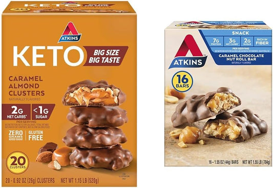 Atkins Caramel Almond Clusters & Caramel Chocolate Nut Roll - High Fiber, Low Sugar, Keto Friendly Snacks (36 Count)
