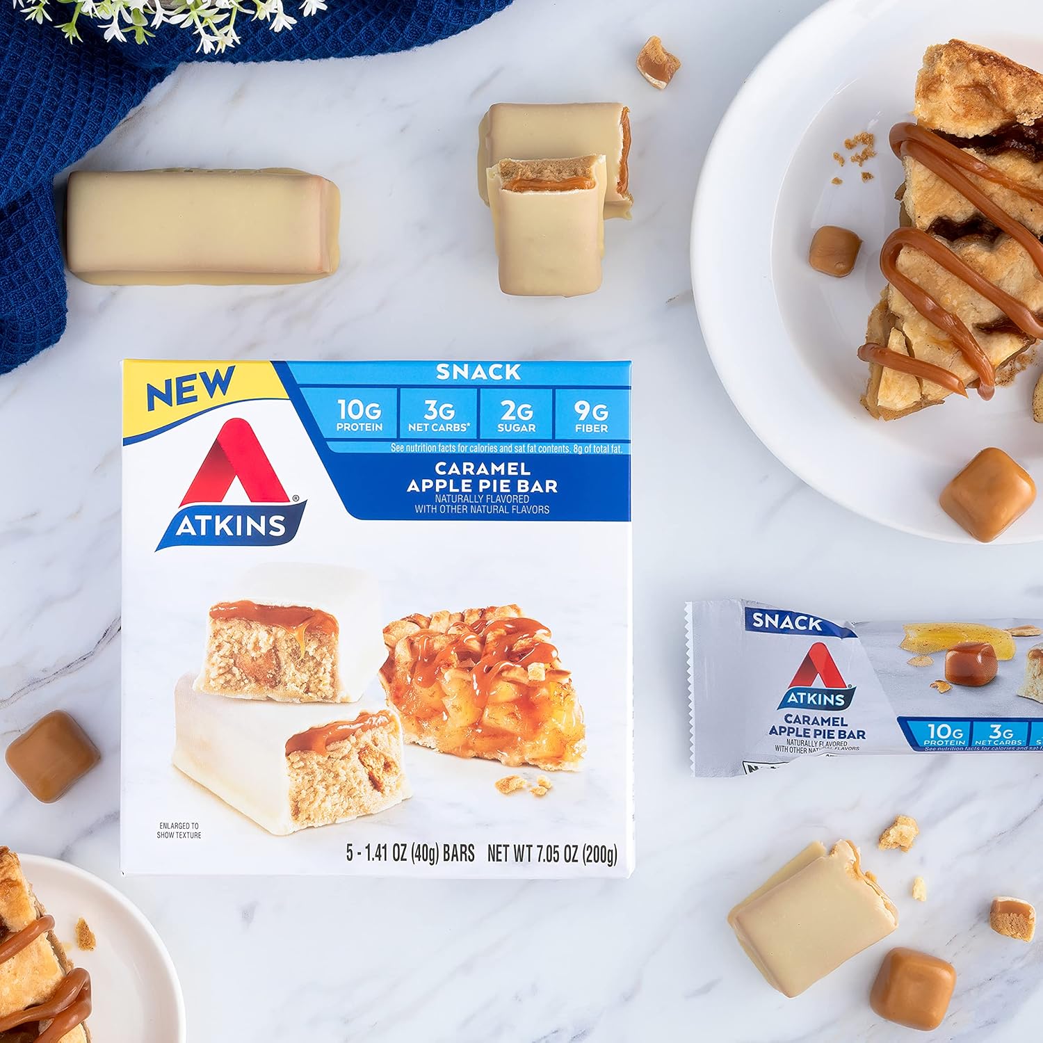 Atkins Caramel Apple Pie Snack Bars - High in Protein & Fiber, Low Carb & Sugar - 30 Bars