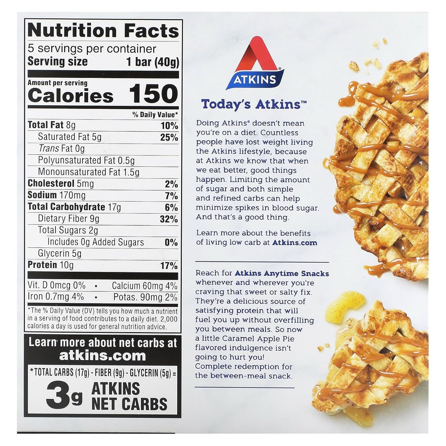 Atkins Caramel Apple Pie Snack Bars, 5 Bars, 1.41 oz Each